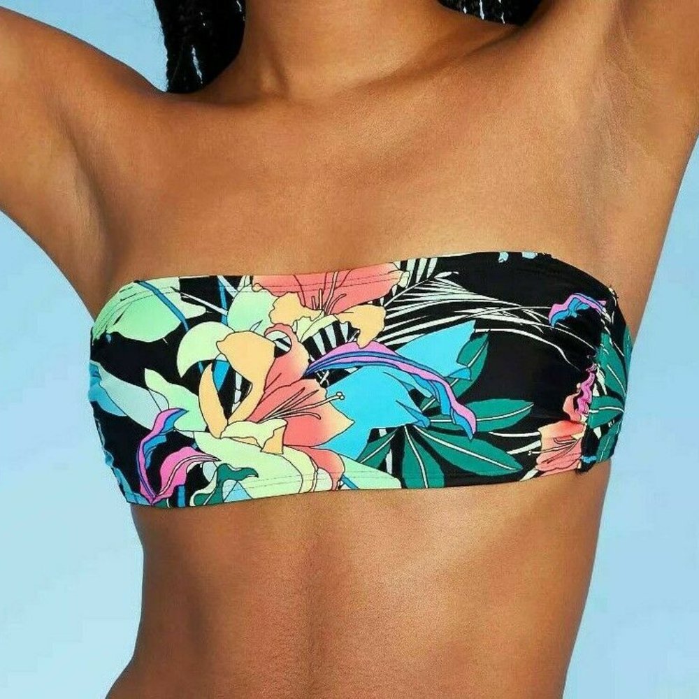 NEW Xhilaration Juniors' Tube Bandeau Bikini Top Black Tropical Floral XS (00)